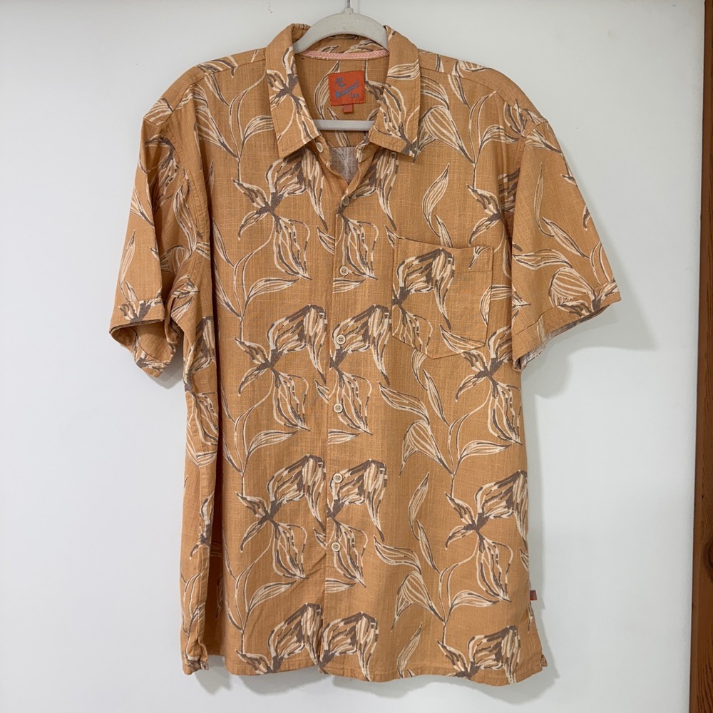 Newport Isle Floral‎ Hawaiian Shirt Mens XL Tan Linen Blend Tropical | Coastal